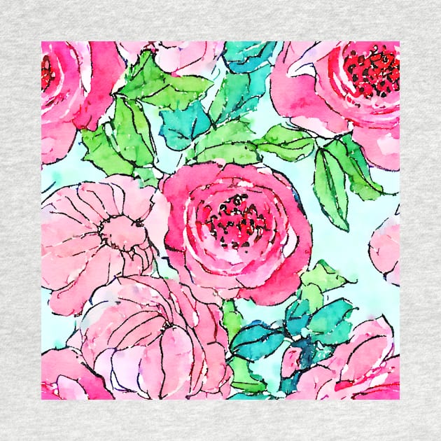 Watercolor roses and peonies on turquoise by SophieClimaArt